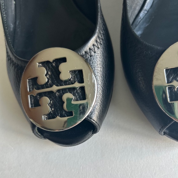 Tory Burch Black Pebble Genuine Leather Open Toe Heel Wedges size 7.5 - Picture 14 of 16